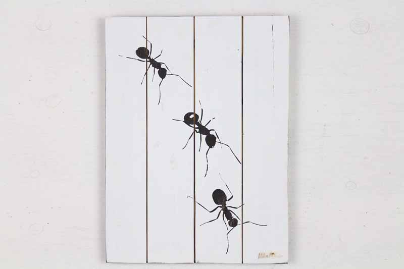 Skilt med motiv af 3 myrer fra Idalund Design. Håndlavet af genbrugstræ. 33x46 cm.